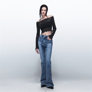 EMPTY PAGE蓝色紧身弹力牛仔裤女高腰修身显瘦显高百搭喇叭长裤
