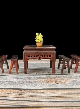 紫檀微型方桌古典桌椅模型蛋糕装饰椅子复古迷你娃屋明清家具摆件
