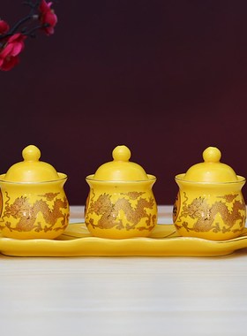 陶瓷摆件双龙招财杯财神三供杯酒杯莲花杯贡水杯佛法僧净水杯