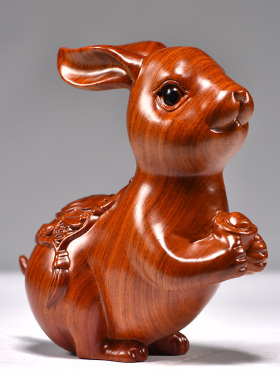 花梨木雕兔子摆件木兔十二生肖实木头兔工艺品家居客厅装饰品送礼