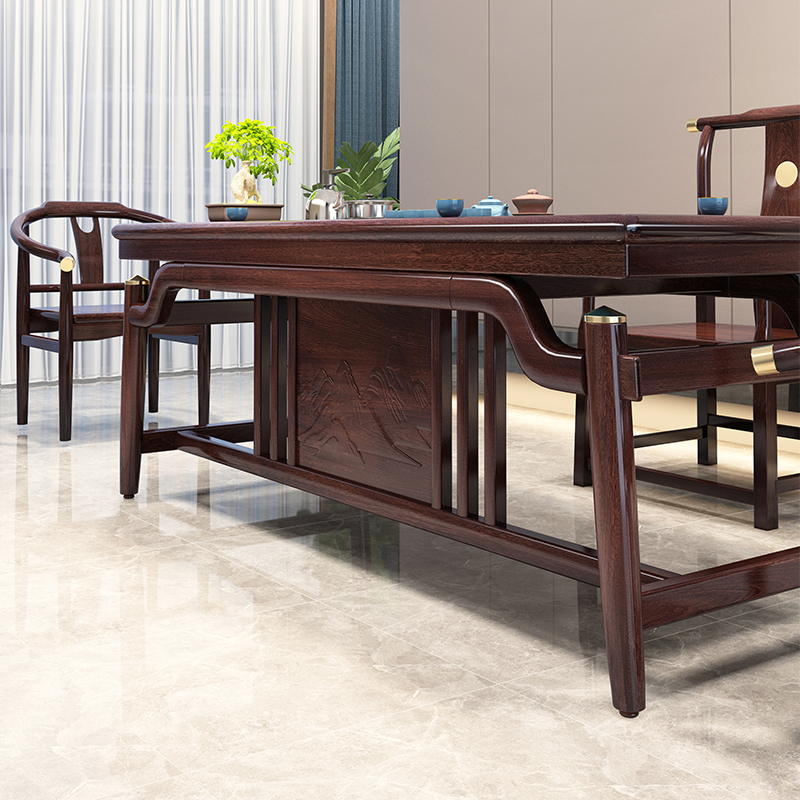 新中式花梨木茶桌椅组合一桌五椅1.8米紫檀色实木禅意办公室茶台