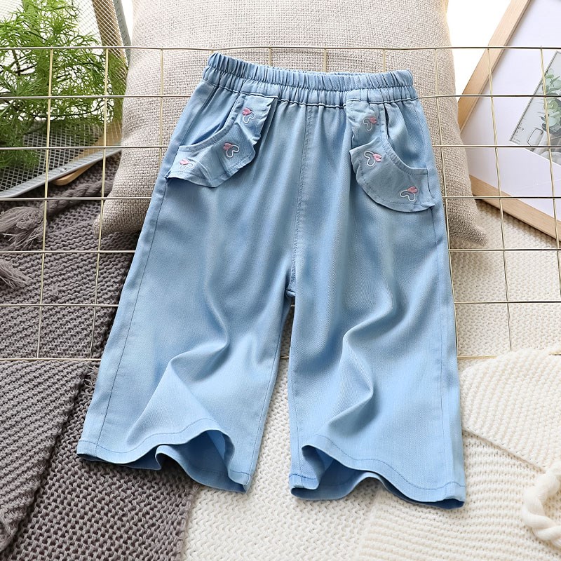 女童裤子2024夏装新款儿童七分裤薄款洋气童装女孩软牛仔裤阔腿裤