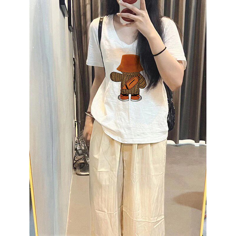 夏季白色纯棉短袖t恤女新款v领大码女装宽松竹节棉胖mm显瘦上衣