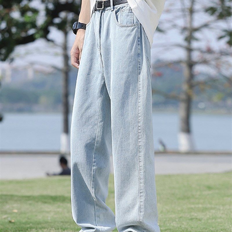 浅色直筒牛仔裤男生2024夏季新款宽松裤子男士薄款浅蓝色夏天男款