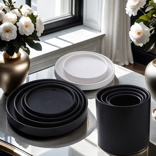 简约黑白色陶瓷花盆素烧有孔花盆多肉阳台种花大口径陶盆带托盘