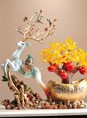 新中式高颜值麋鹿摆件带元宝盆老板办公桌面家居电视柜玄关装饰品