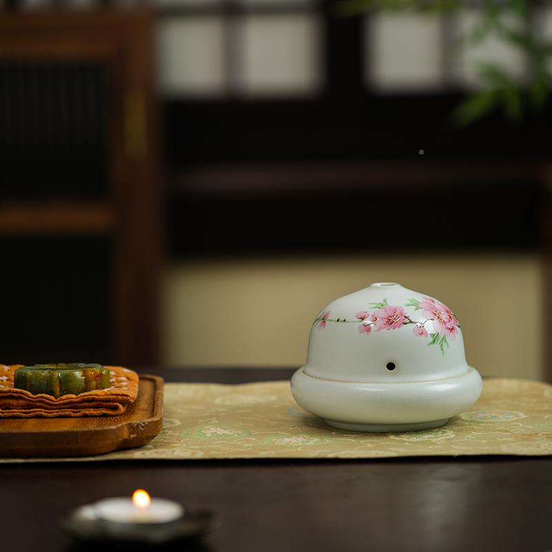 中式手绘桃瓷香香薰炉覆古家用室内禅意摆件檀陶香盘炉XGA打香花