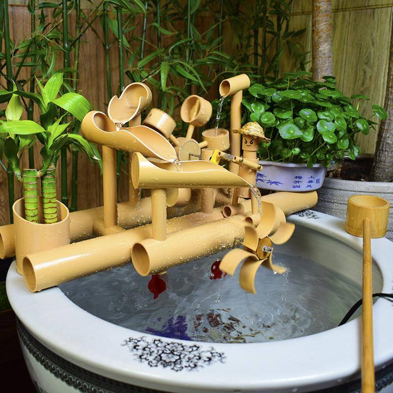 永动流水件养鱼缸ZEX水循环水车竹子风轮招水财造景小人推摆流水