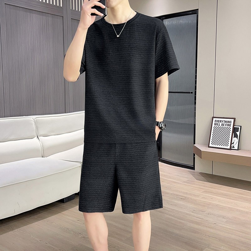 2026新款男士纯色休闲套装夏季冰丝透气青年短袖短裤两件套运动服