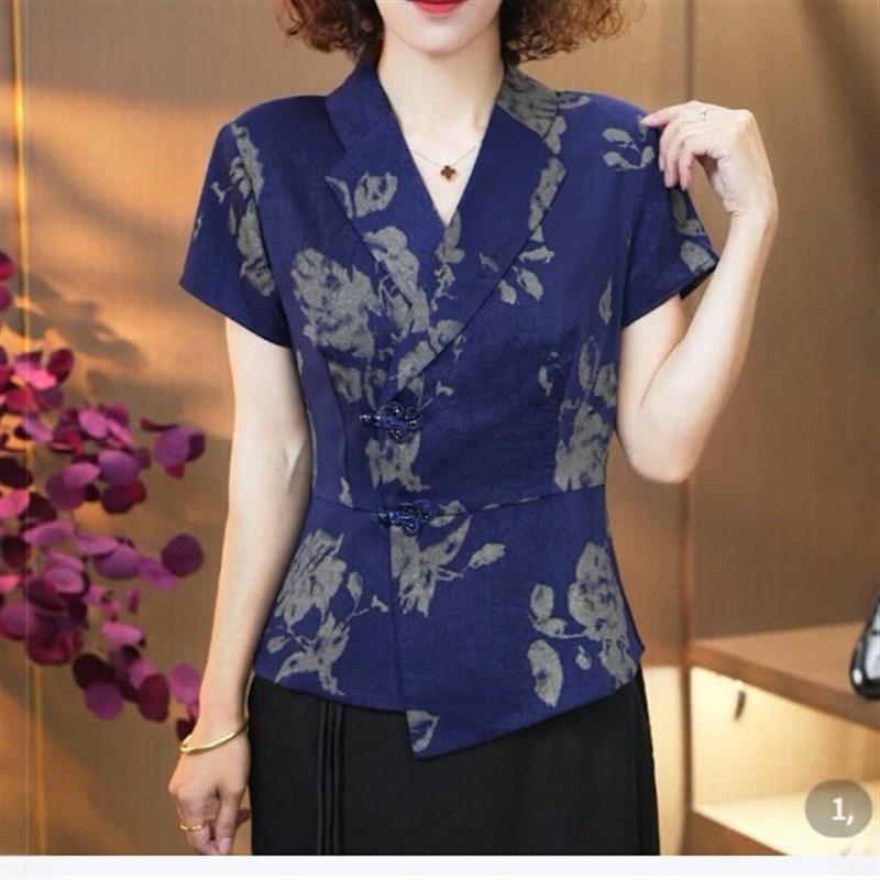 【天丝】B新短袖西装领气质百搭显瘦中式国风女士衬衫开衫上衣