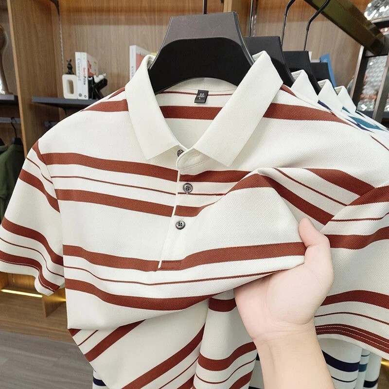 英菲尔尚品专柜品质夏季男士新款翻领条纹刺绣短袖POLO衫休闲百搭