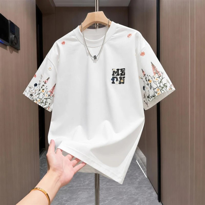 培尼名品2小花刺绣短袖t恤男夏季百搭宽松高级感圆领花卉半袖上衣