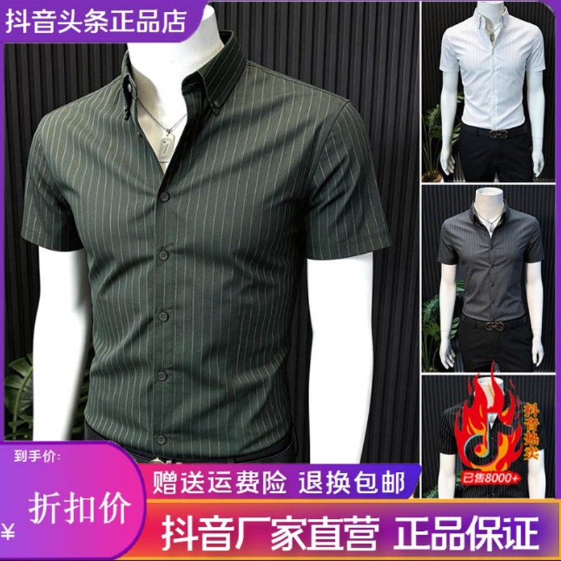 师凯服饰Amphelisia条纹尖领扣领衬衫26商务夏季修身短袖男士衬衣