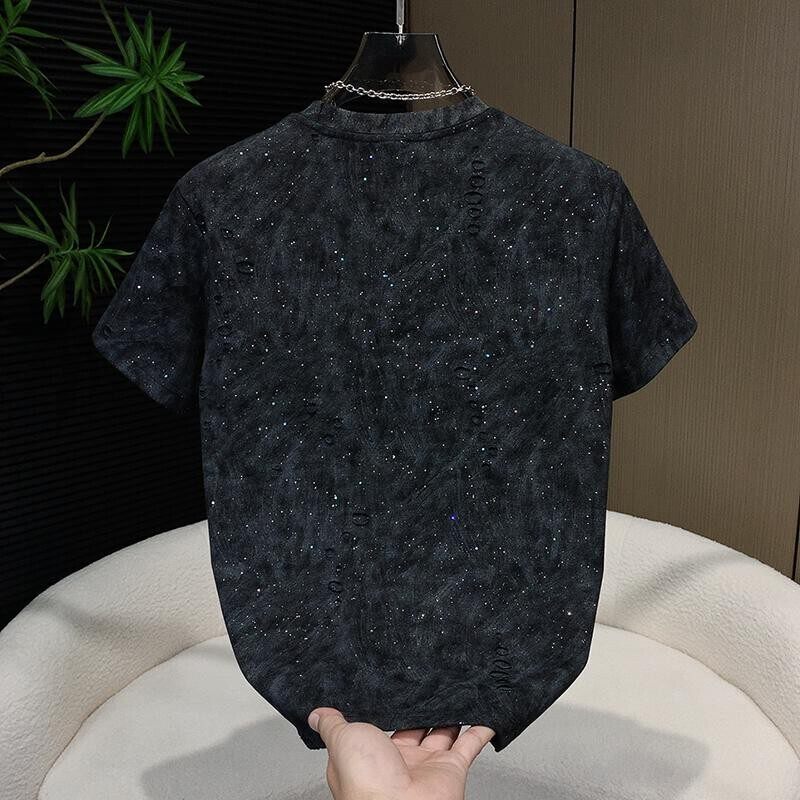 师凯服饰Amphelisia男士夏季新薄款透气扎染T恤破洞短袖亮片t