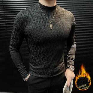 杰斯轻奢秋冬痞帅格纹半高领长袖T恤高级感修身加绒男士打底