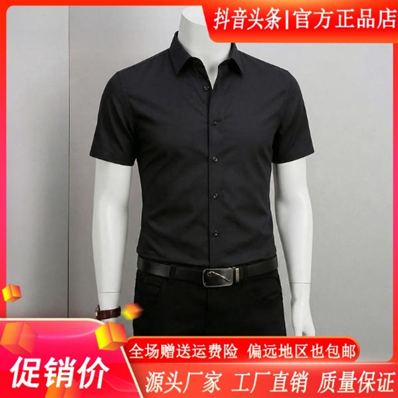 师凯服饰无痕莫代尔短袖衬衫夏季正装休闲男黑色衬衣商务高级纯色