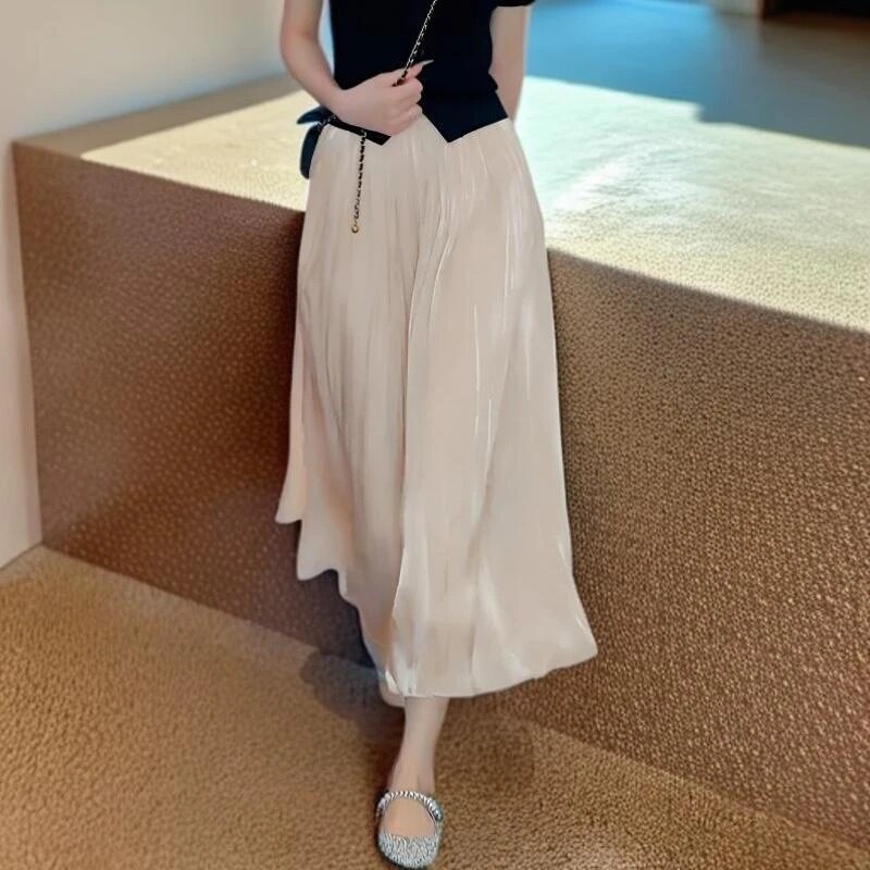 轻奢缎面阔腿裤女夏季流光网纱质感高腰宽松显瘦慵懒裤裙百褶裙