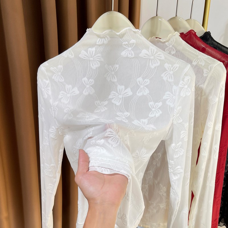 半高领蕾丝打底衫女秋冬新款木耳边高级感毛衣内搭薄纱网纱上衣女