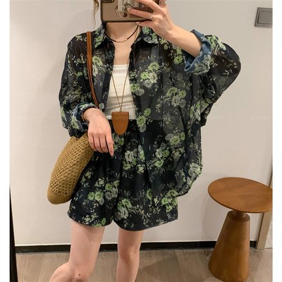 爱情魔鬼鱼 黑绿色两件套装女2024夏季新款长袖薄款上衣休闲短裤