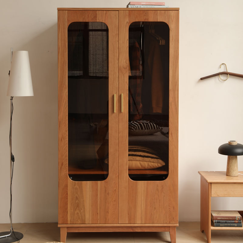 对开玻璃门实木樱桃木衣柜卧室大挂衣橱组合北欧日式收纳储物衣柜