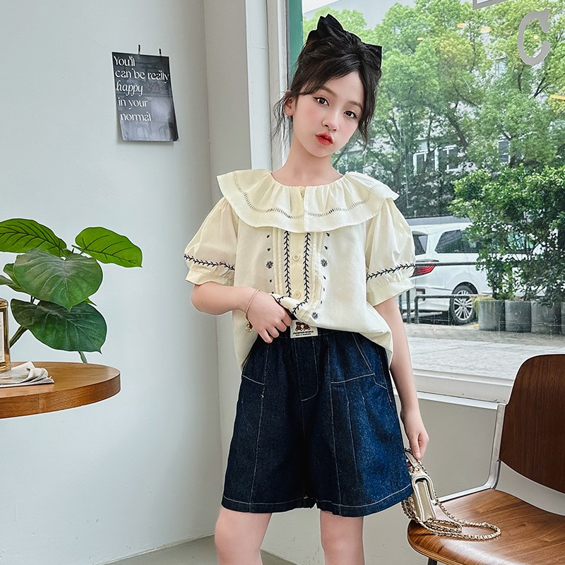 女大童夏季套装2024新款洋气夏装时髦衬衫薄款女孩牛仔短裤两件套