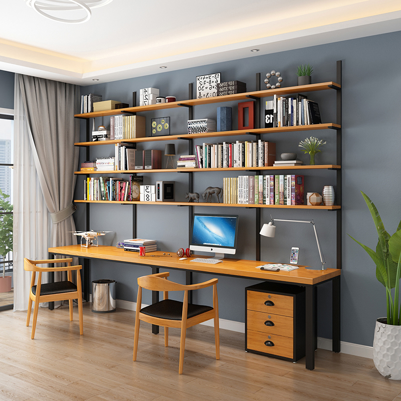 北欧实木书桌书架组合一体书柜LOFT电脑桌台式桌子家用双人办公桌
