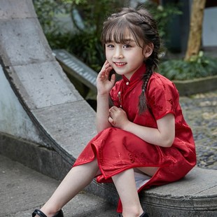 朝奈全开襟真丝包边儿童旗袍女夏季民国风民国装女童夏女宝红色