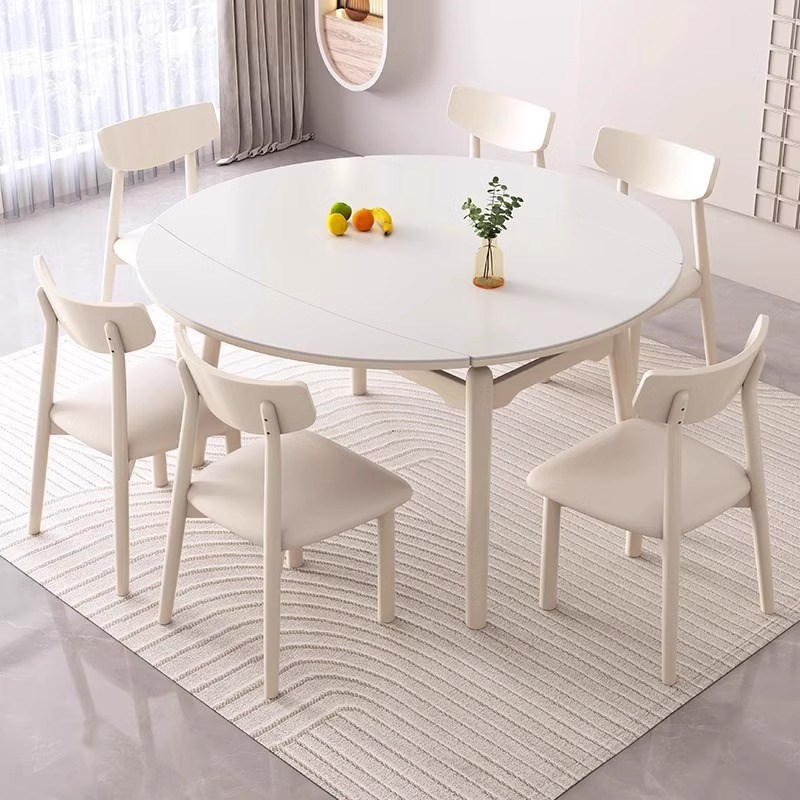 奶油风岩板餐桌可伸缩吃饭桌小户型家用全实木方圆两用餐桌椅组合