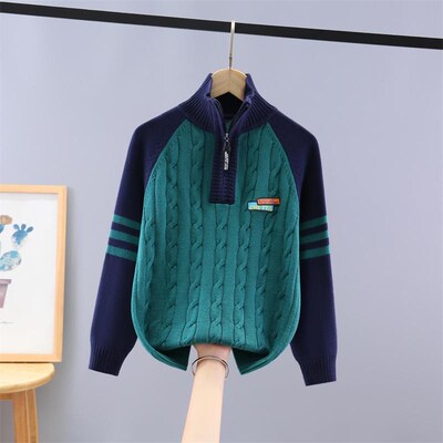 男童毛衣新款纯棉针织衫中大童男孩秋冬款加绒加厚立领拉链打底衫