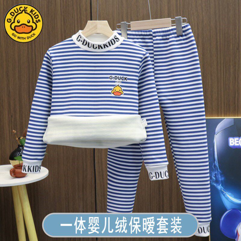 冬季加绒加厚儿童保暖内衣一体婴儿绒细腻亲肤男童彩条睡衣套装