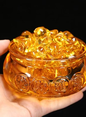 黄水晶聚宝盆琉璃元宝摆件金黄色招财聚财家居摆设乔迁礼品开业
