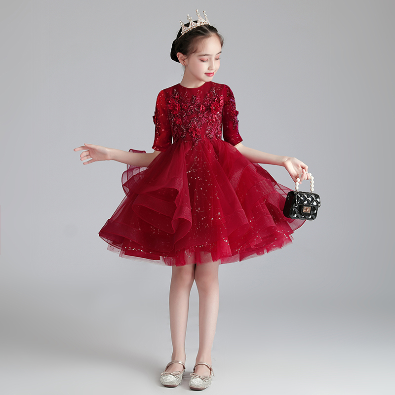 儿童公主裙红色小女孩生日主持人蓬蓬裙女童花童钢琴演奏表演礼服