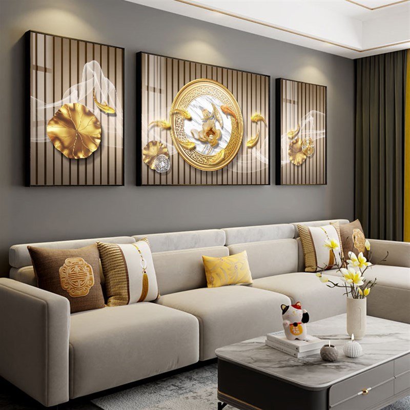 九鱼戏青荷客厅背景墙挂画旺财生运奢华壁画高端别墅寓意装饰画图片