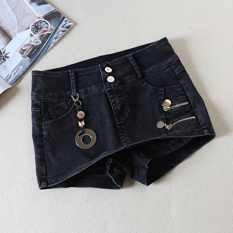 新款黑色短裙女夏季低腰牛仔超短裙性感弹力修身显瘦假两件裙裤子