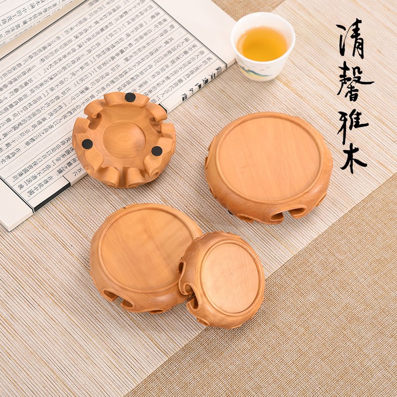 小叶黄杨木雕刻圆形底座实木紫砂茶壶盆景古董木雕花道摆件木托架