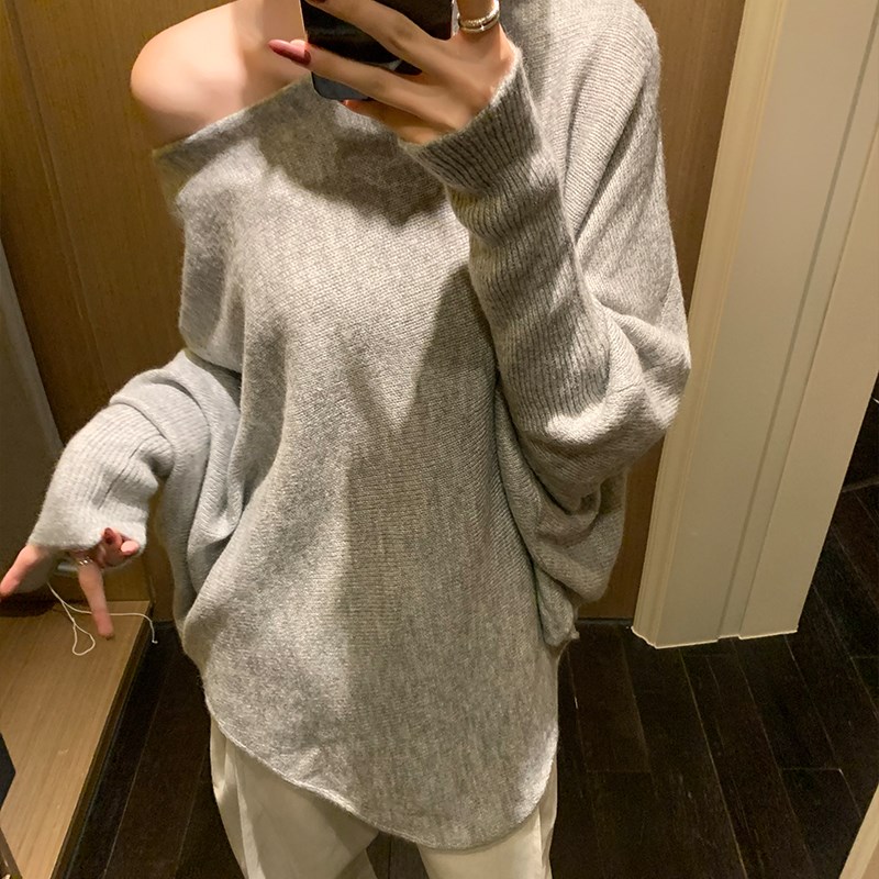 Romantic echo灰色斜肩蝙蝠袖毛衣秋季长袖针织衫宽松中长款上衣