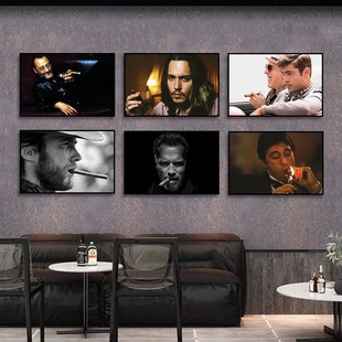 雪茄吧装饰画丘吉尔画像男人壁画尼古拉斯酒吧名人抽烟的海报挂画