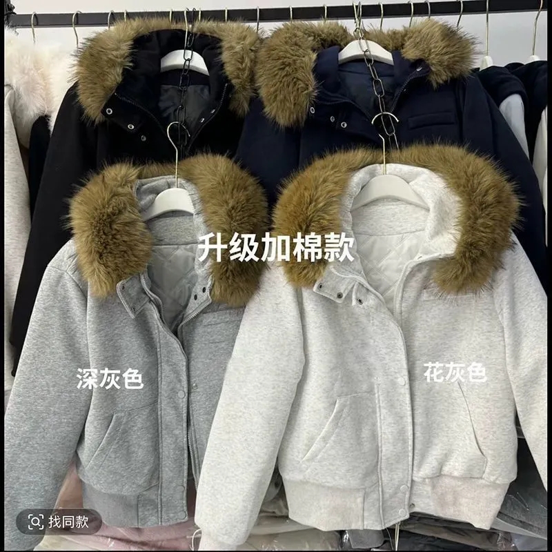 美式复古秋冬装开衫毛领卫衣外套