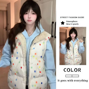 两面穿羊羔毛波点马夹女秋冬装 加绒保暖宽松背心棉衣棉服马甲外套