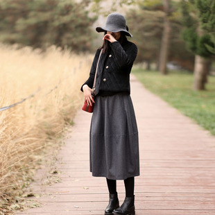 冬季复古呢子半身长裙女秋冬花苞裙松紧腰羊毛呢半身裙女装冬裙