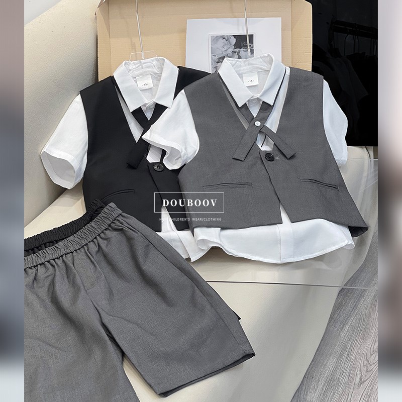 男童西装套装2024新款男宝周岁礼服夏装儿童马甲小西服花童演出服