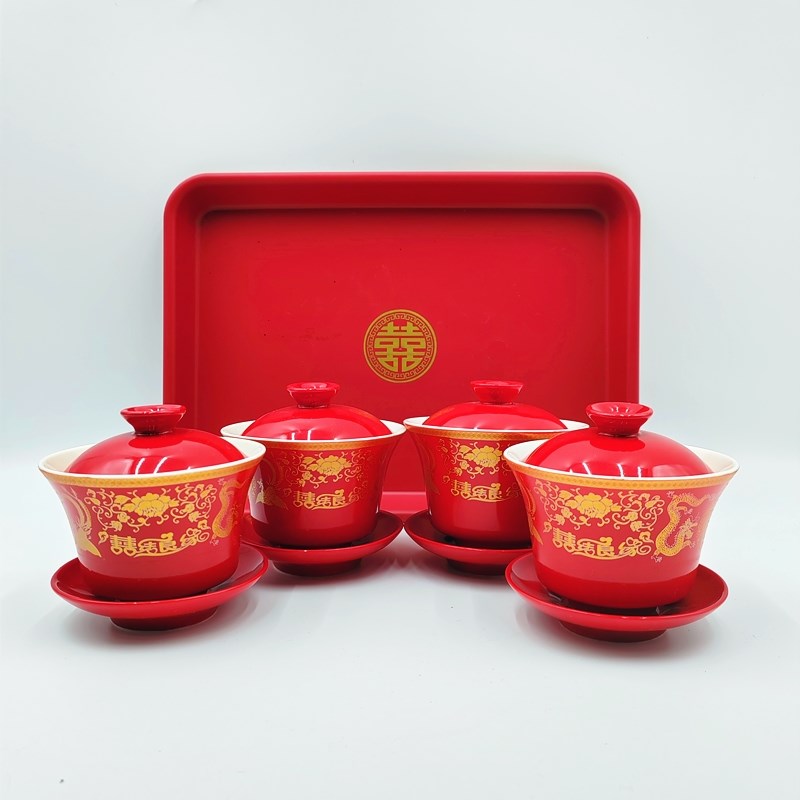 茶杯结婚改口婚庆茶具陶瓷套装婚礼陪嫁红色喜碗一对用品碗筷茶碗