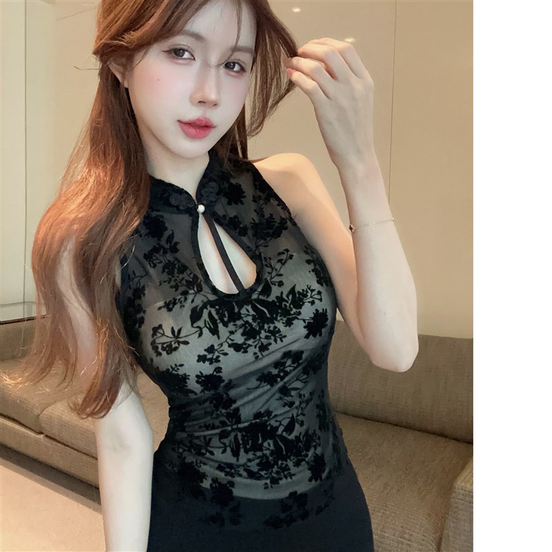 直播衣服女主播上镜国风提花镂空改良旗袍背心女中式复古无袖上衣