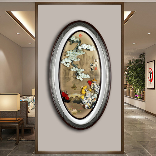 新中式入户玄关装饰画5d立体椭圆形玉雕挂画感应发光led灯高档竖