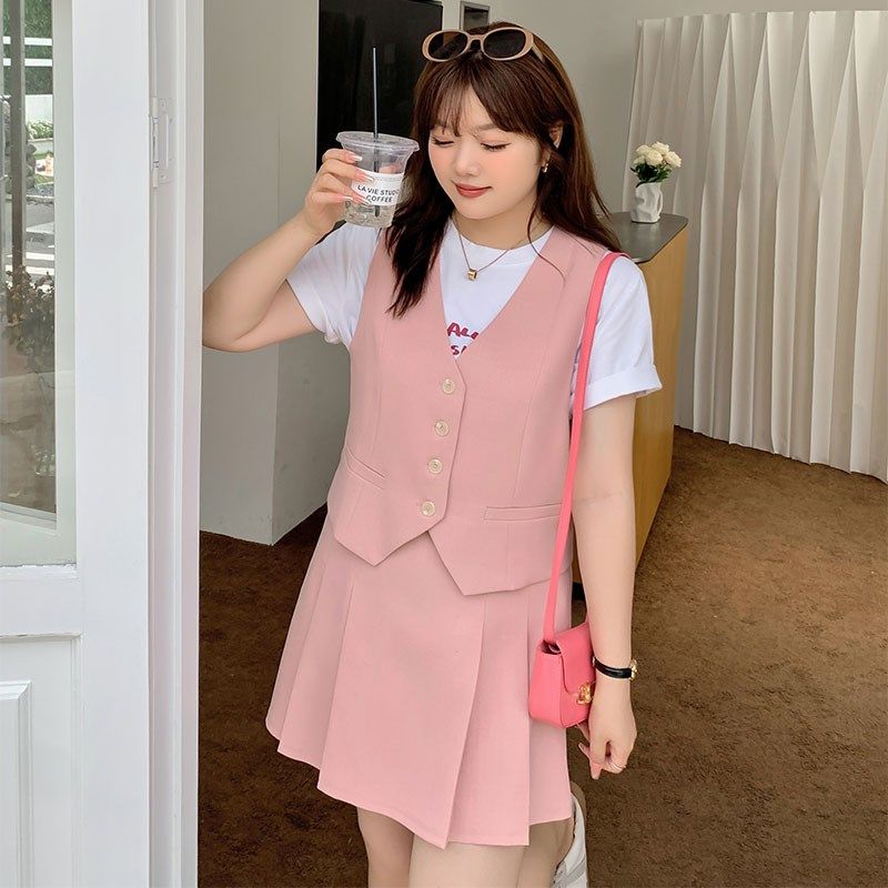 西装套装女2023新款夏220斤胖mm加大码学院风显瘦马甲裤裙两件套