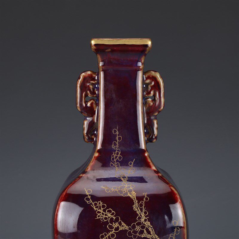 大清乾隆窑变描金花卉双耳瓶 仿古瓷器古董古玩收藏