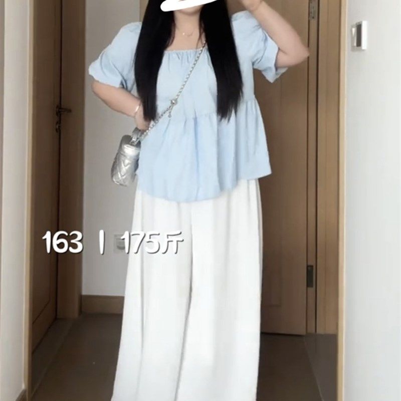 微胖穿搭一整套女夏宽松遮肚子娃娃衬衫+白色阔腿裙裤大码两件套