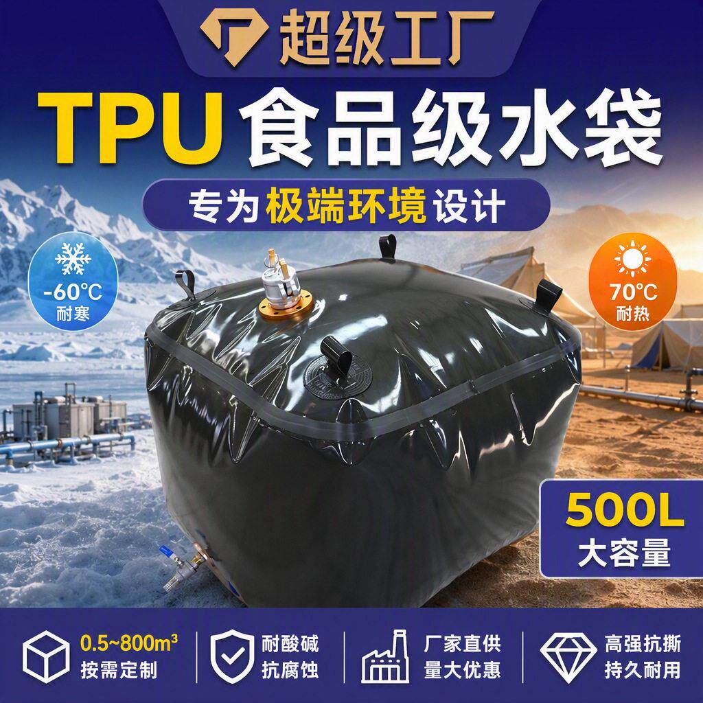 食品级TPU聚醚软体折叠水袋500L便携式饮用水袋铝合金进出水口OEM