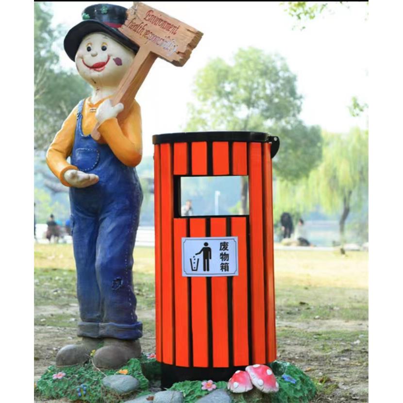 户外方形风格灭烟单桶外用无盖不镀锌钢板喷塑加防腐木垃圾桶方形