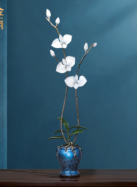 全黄铜兰花手工艺品摆件蝴蝶兰客厅玄关壁龛装饰公司前台花架摆设